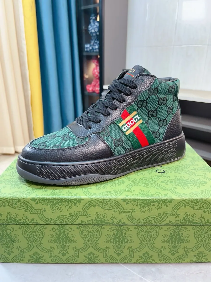 Men's shoes 💰438🌹🌹GUCCI [Gucci] New high-top men's shoes, a high-end brand, the latest fashionable casual men's shoes, trendy and versatile, relaxed and sporty style, uppers imported from Italy, first-layer cowhide, genuine leather lining, and ultra-fine workmanship. Original personalized fashionable rubber wear-resistant outsole, light and comfortable on the foot, size 38-44
